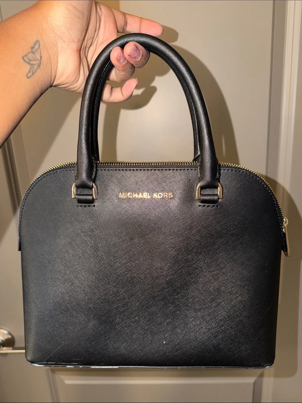 Michael Kors Black Saffiano Dome Satchel with Gold Hardware